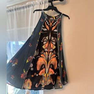 Free People Black Floral-Print Mini Swing Dress with Orange Accents